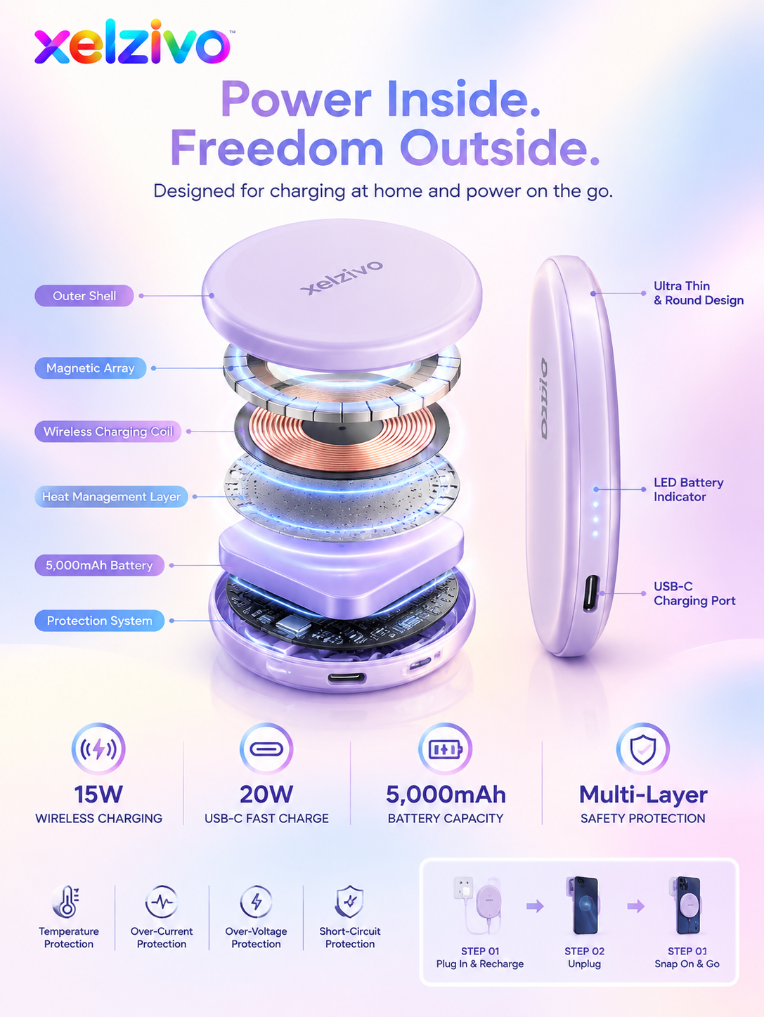 xelzivo™ HaloSnap Magnetic Wireless Fast-Charging Power Bank