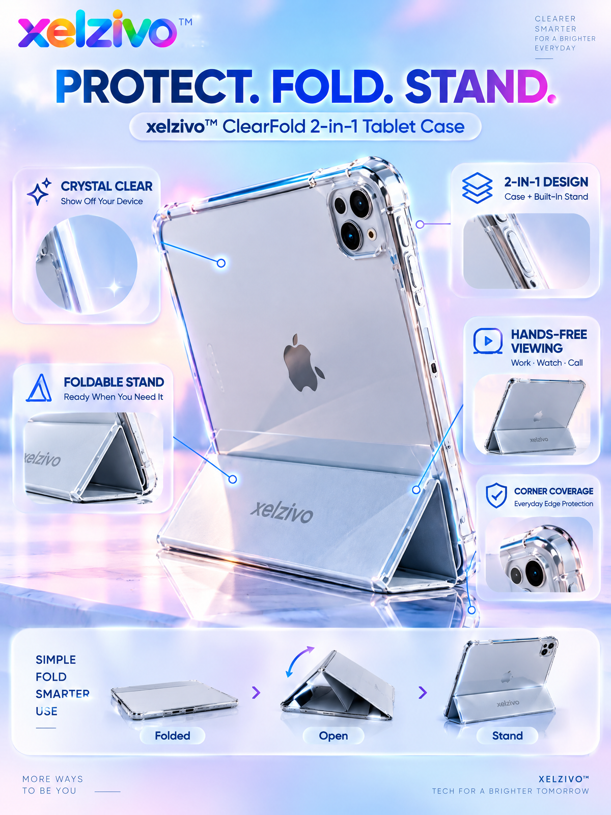 xelzivo™ ClearFold Transparent Tablet Protective Stand Case