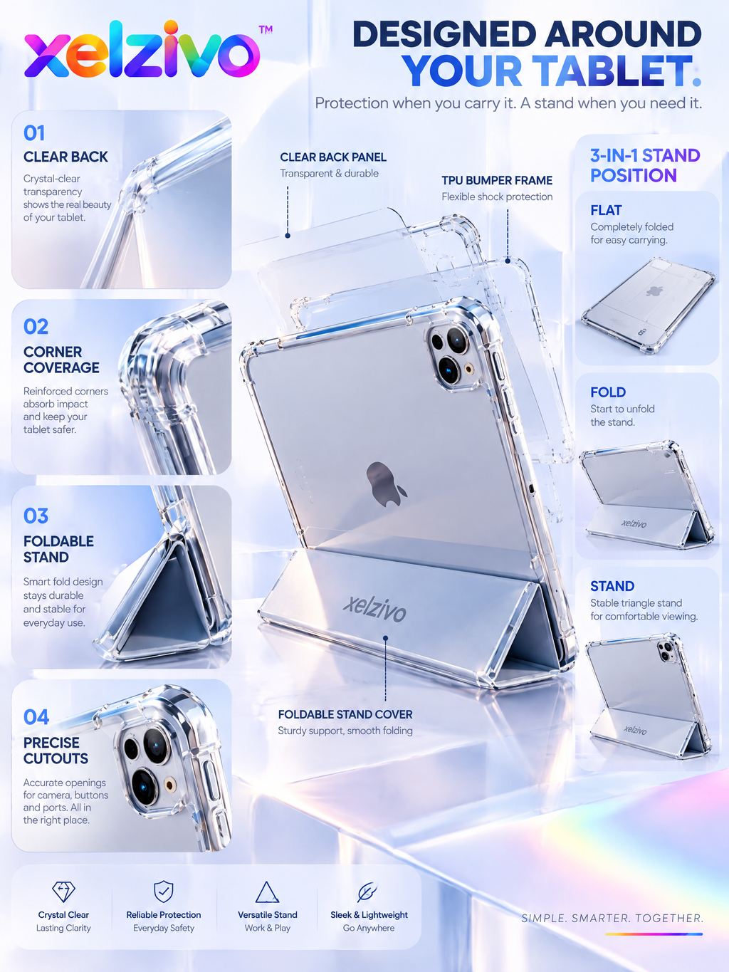 xelzivo™ ClearFold Transparent Tablet Protective Stand Case