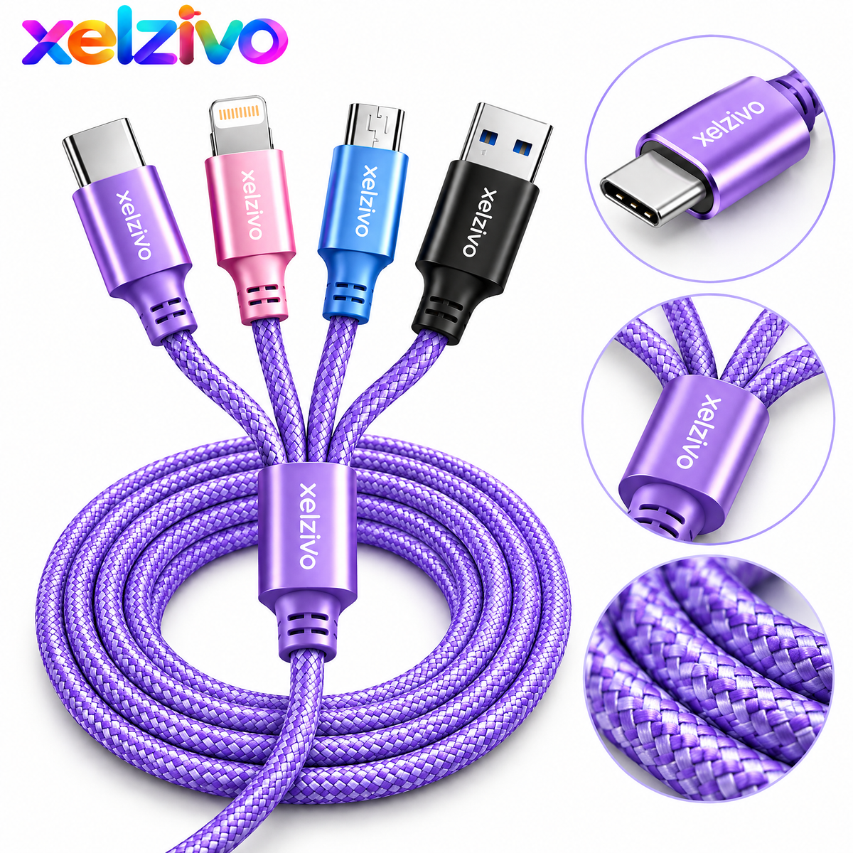 xelzivo™ QuadLink 4-in-1 Multi Charging Cable