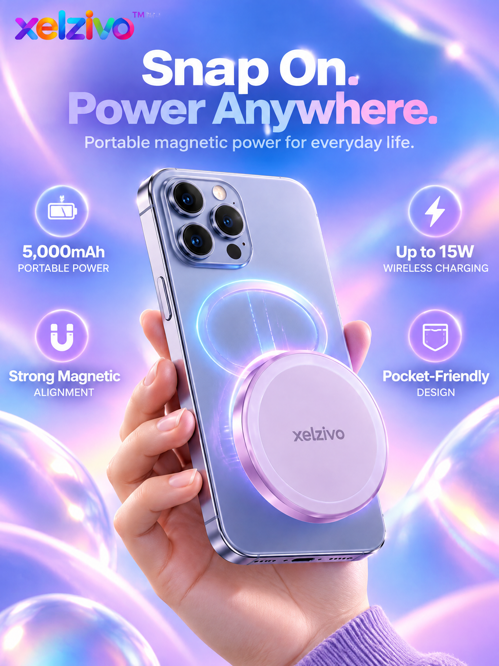 xelzivo™ HaloSnap Magnetic Wireless Fast-Charging Power Bank
