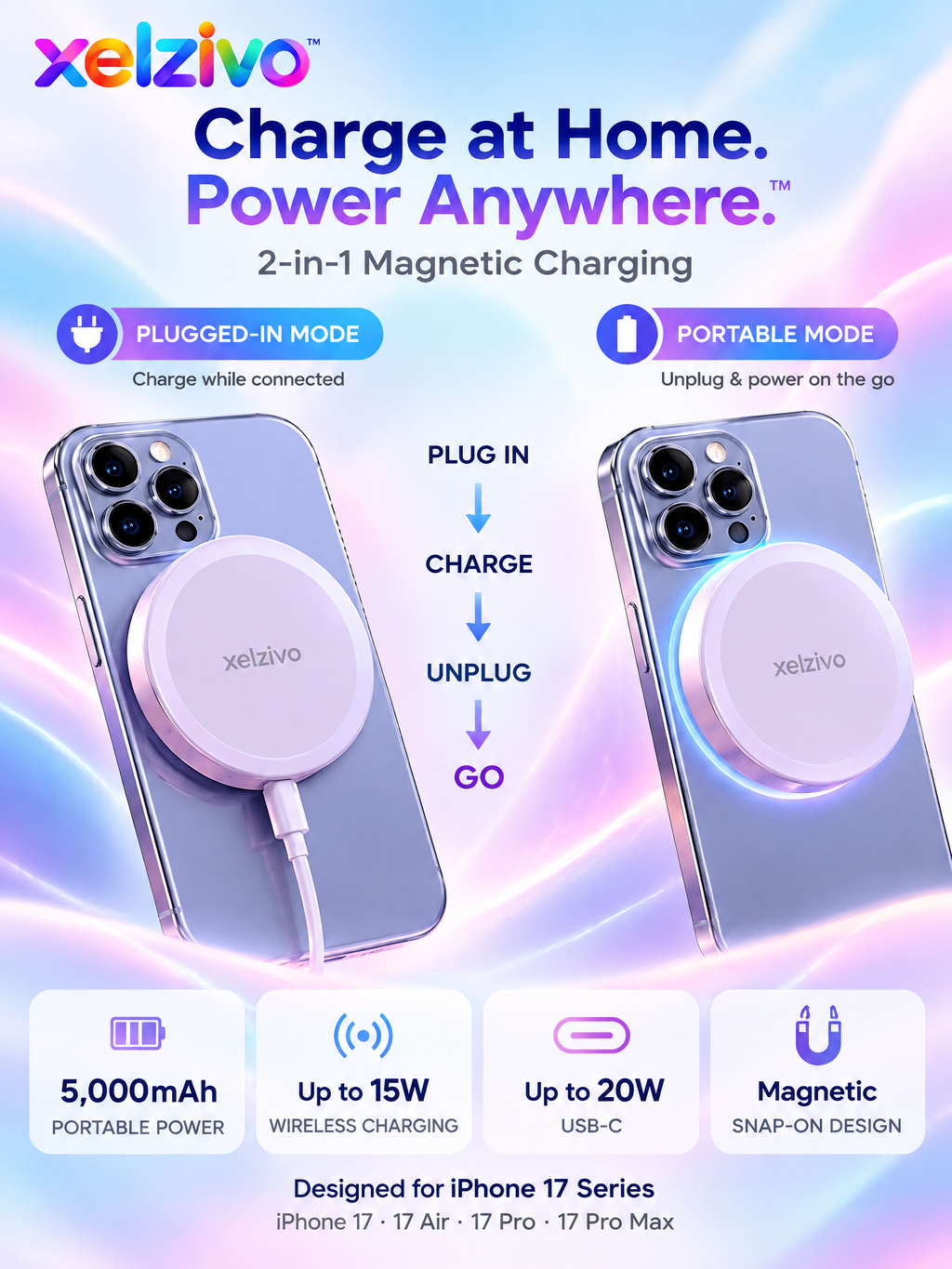 xelzivo™ HaloSnap Magnetic Wireless Fast-Charging Power Bank
