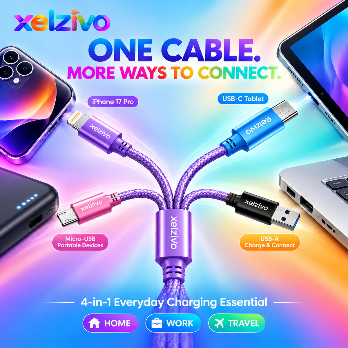 xelzivo™ QuadLink 4-in-1 Multi Charging Cable